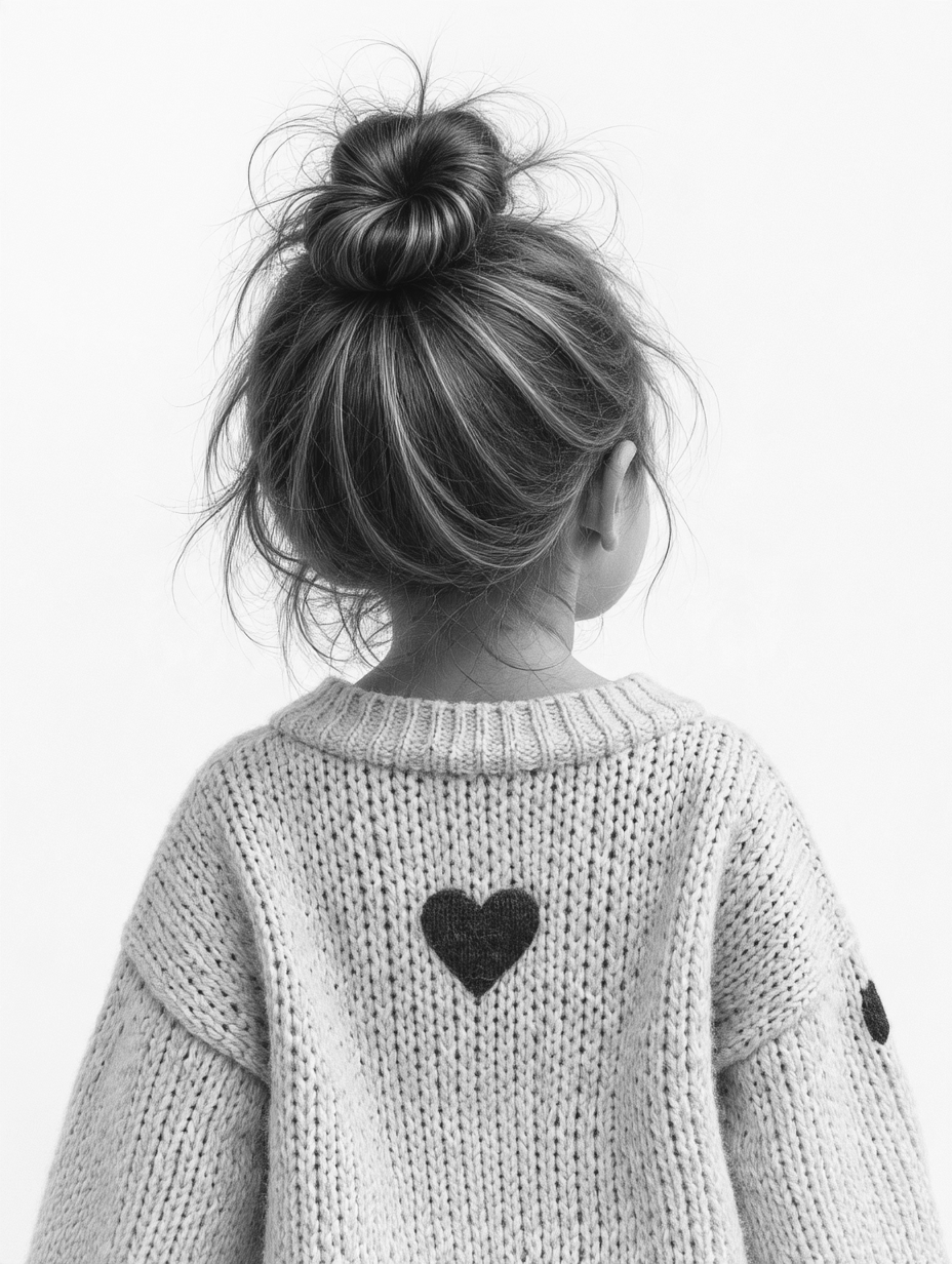 A young child seen from behind wearing a knitted sweater with a heart
